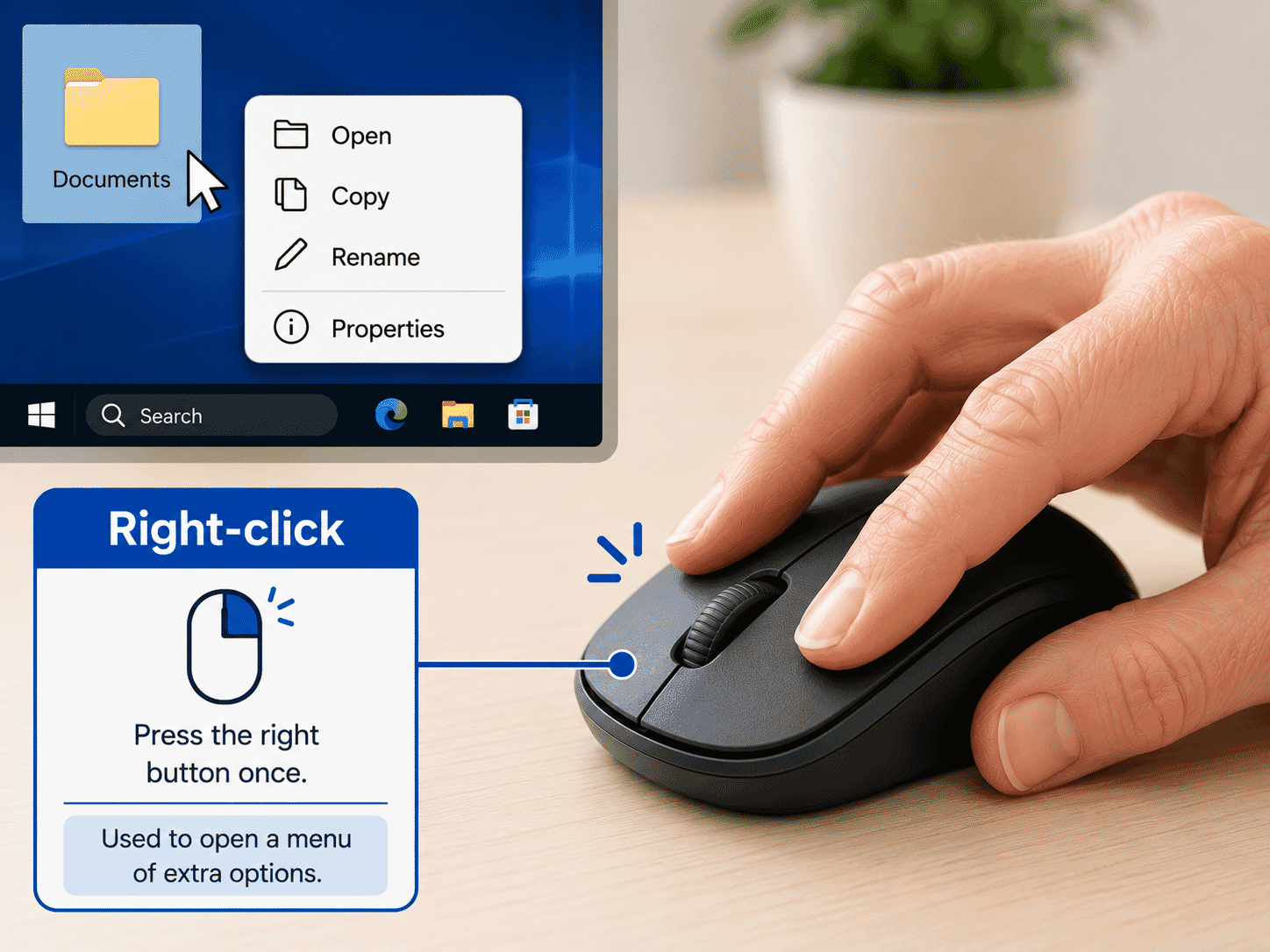 Finger pressing the right button on a computer mouse with a small options menu shown.
