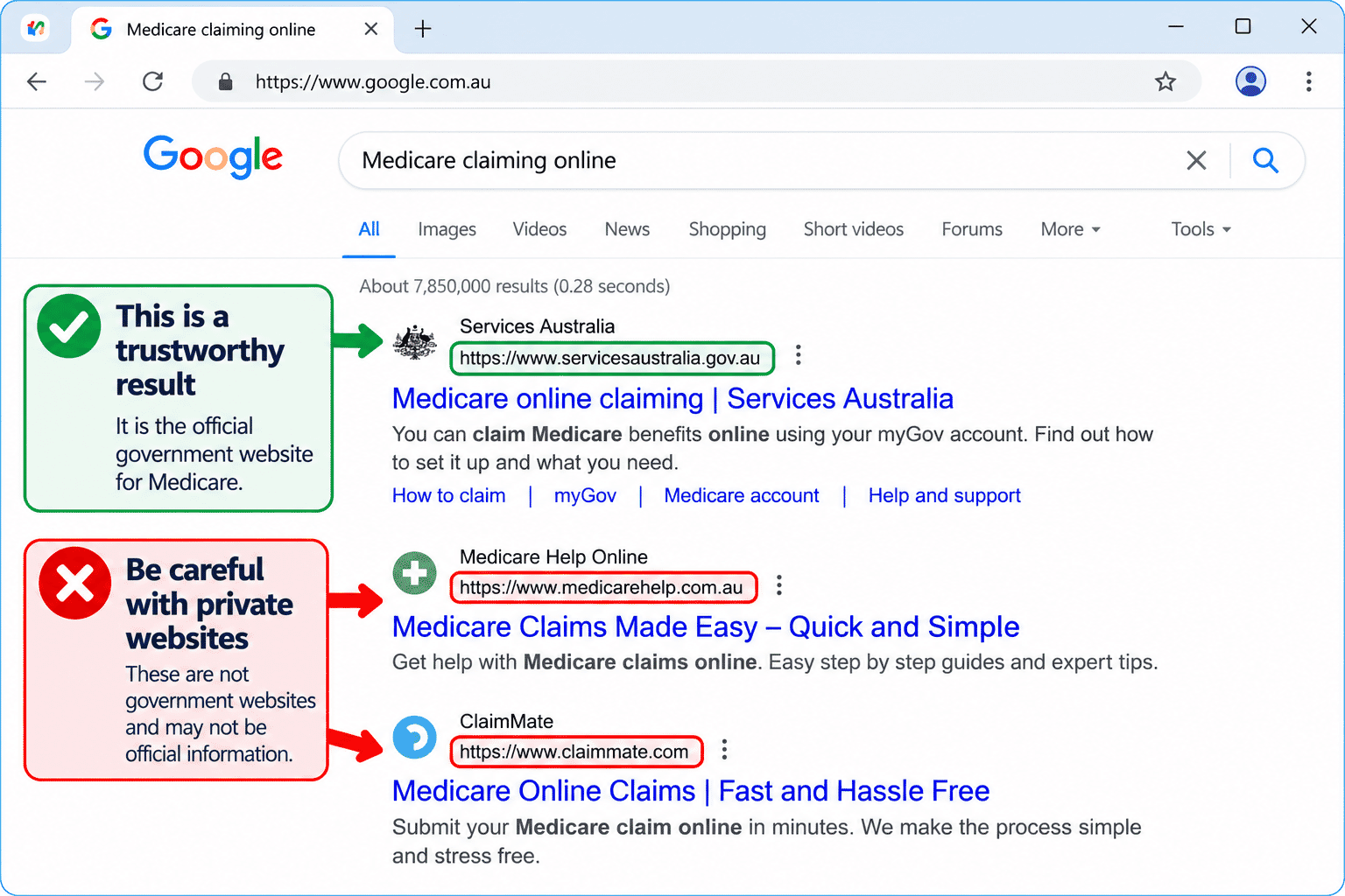 Search results with official website URL highlighted.