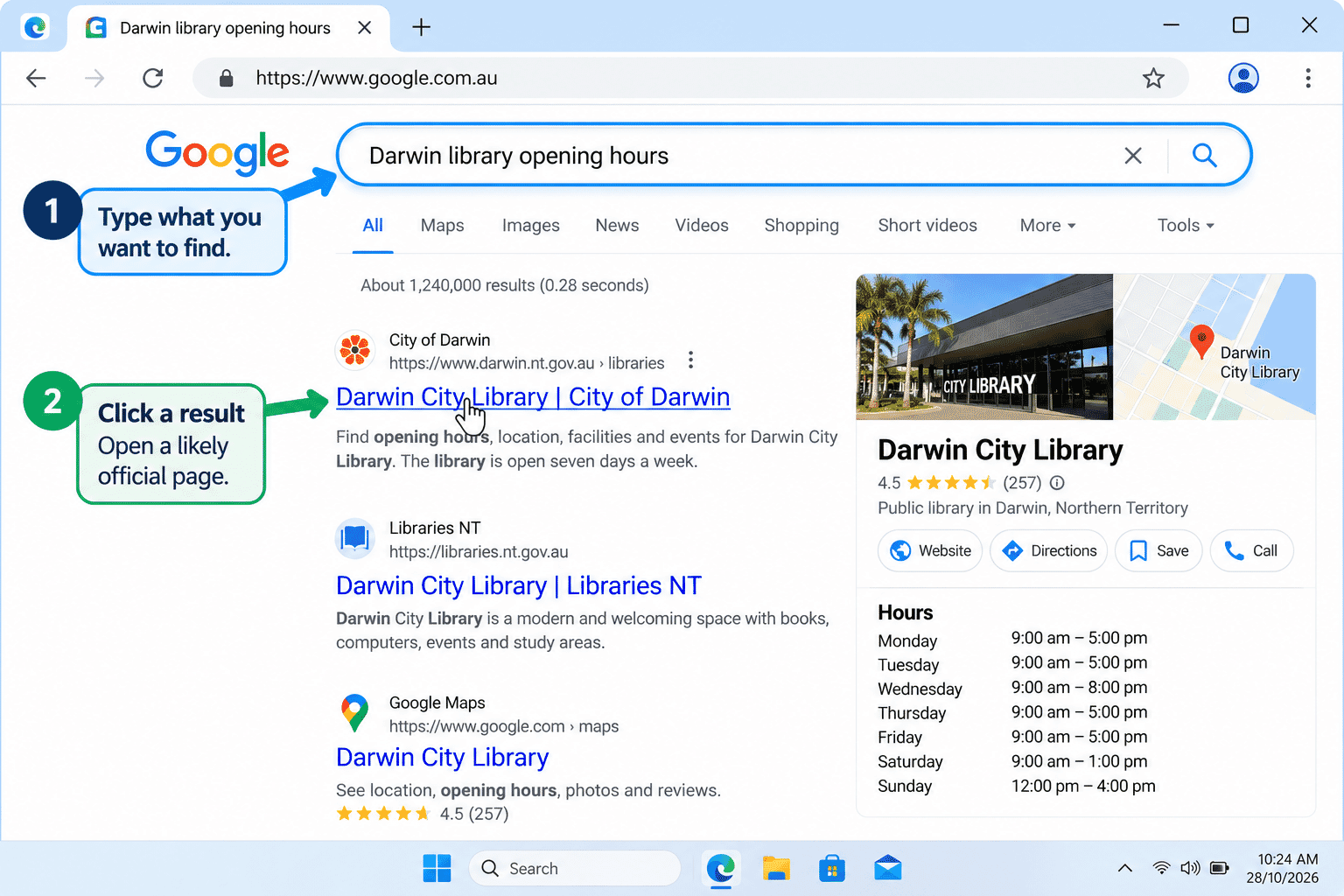 Search for public library opening hours in Edge.