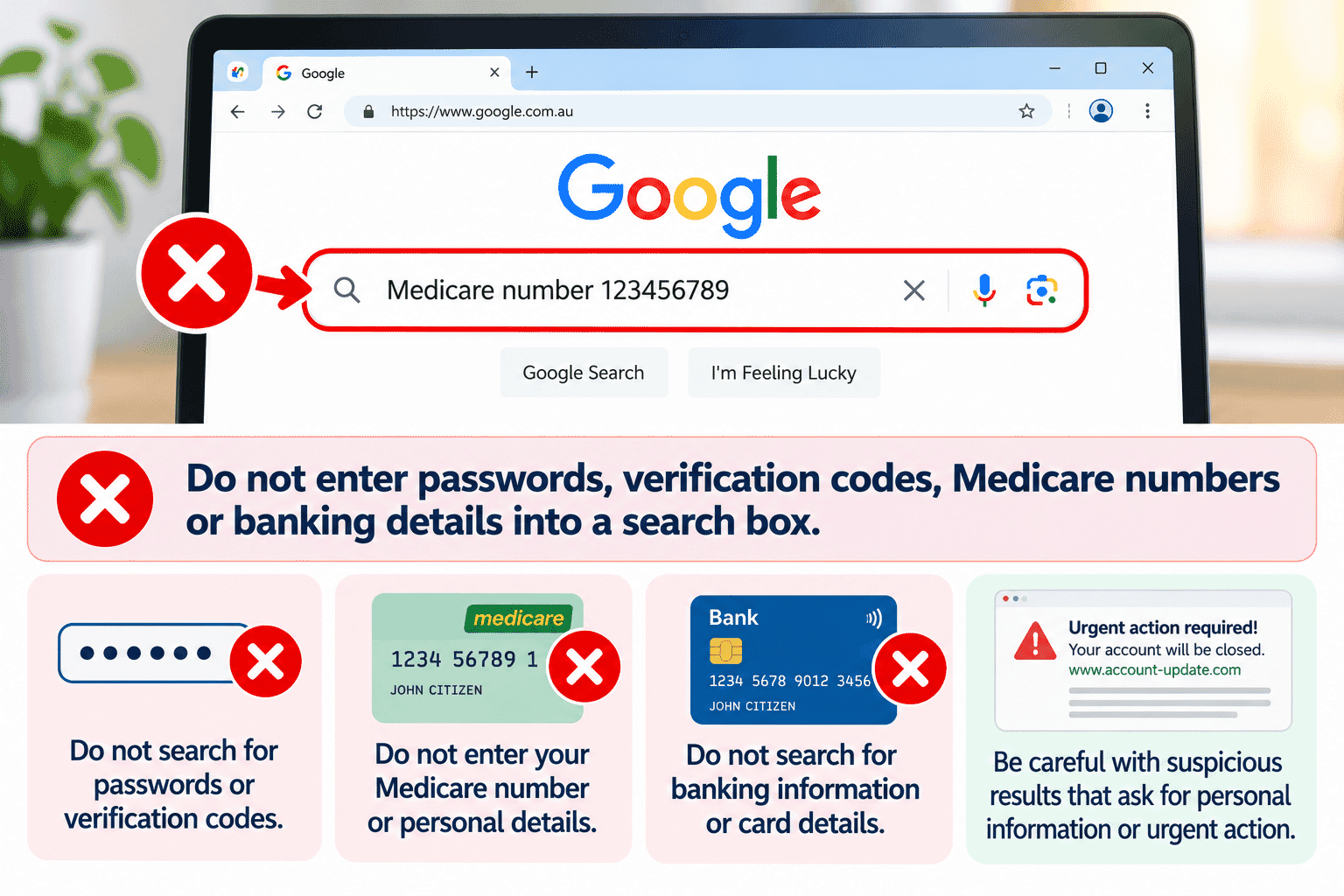 Simple privacy and suspicious search result warning infographic.