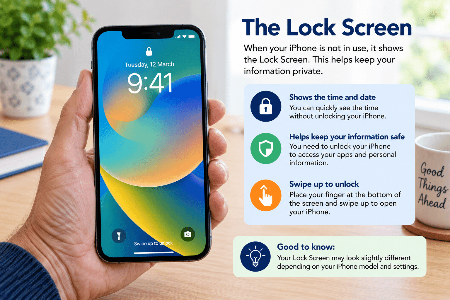 Example iPhone or iPad Lock Screen showing the time and date before the device is unlocked.
