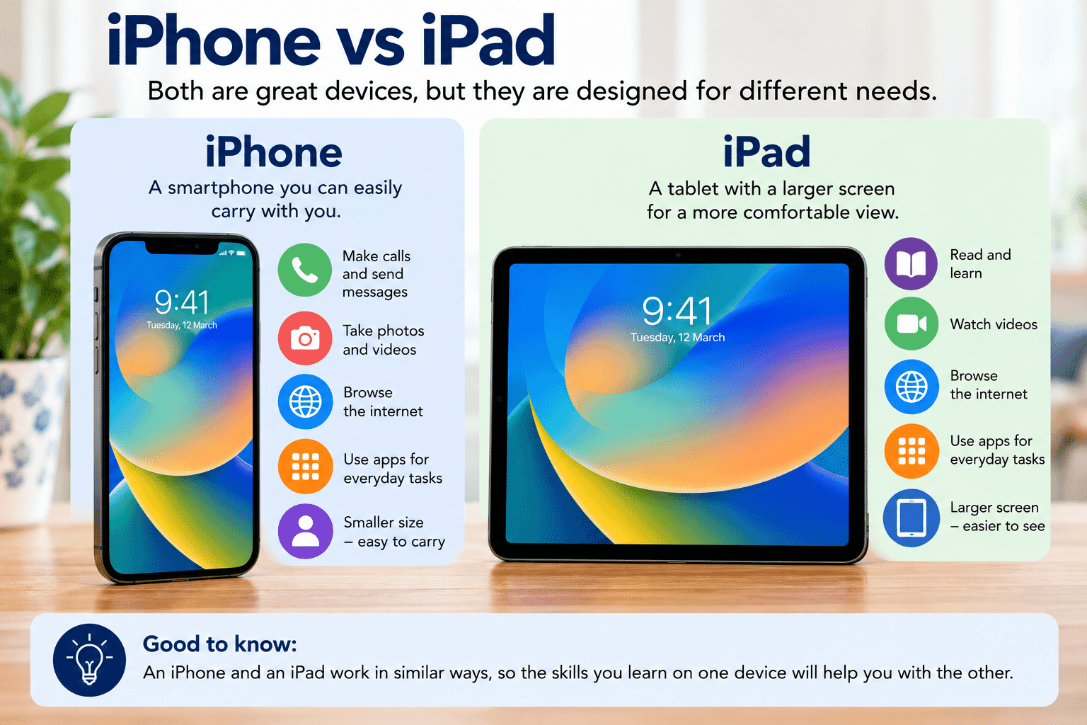 Side-by-side comparison of a phone-sized iPhone and a larger iPad tablet.