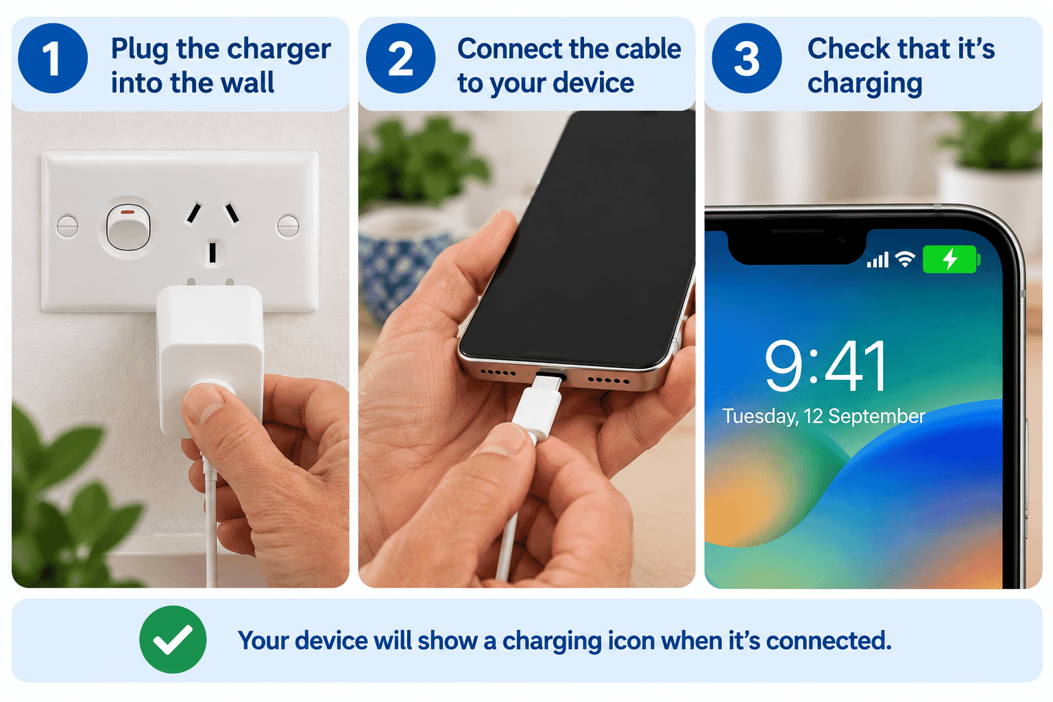 Hand gently connecting a compatible charging cable to the charging connection on a smartphone.