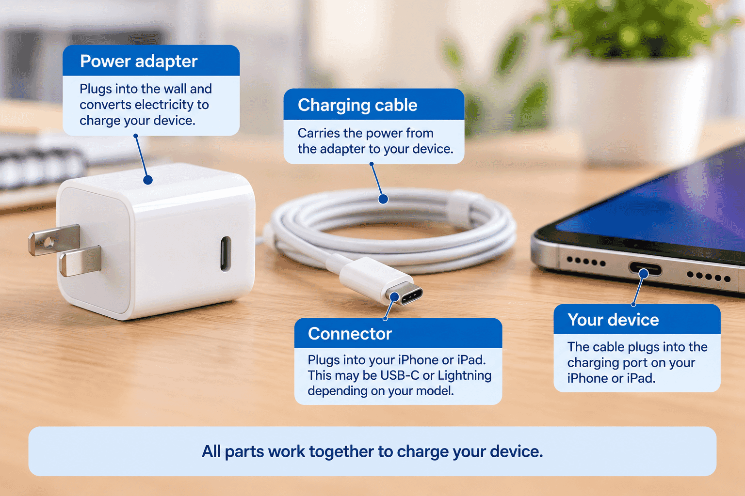 Diagram showing an iPhone or iPad connected by a charging cable to a power adapter and power outlet.