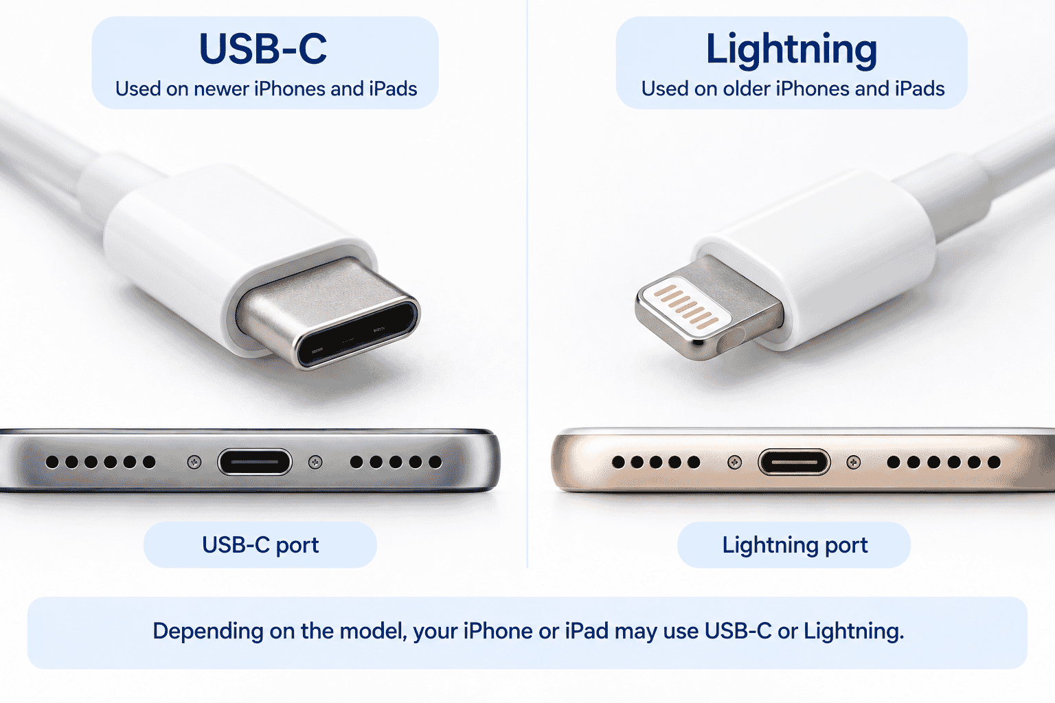 Side-by-side comparison of USB-C and Lightning charging connectors used with iPhones and iPads.