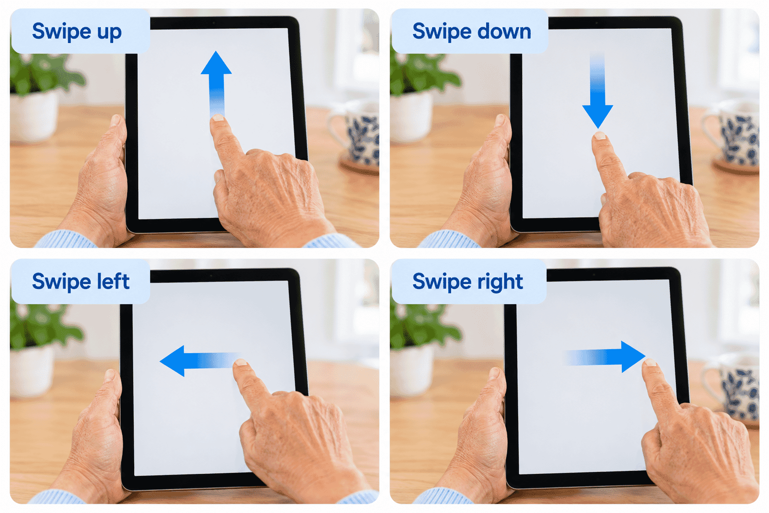 Diagram showing swipe movements up, down, left and right on a touchscreen.