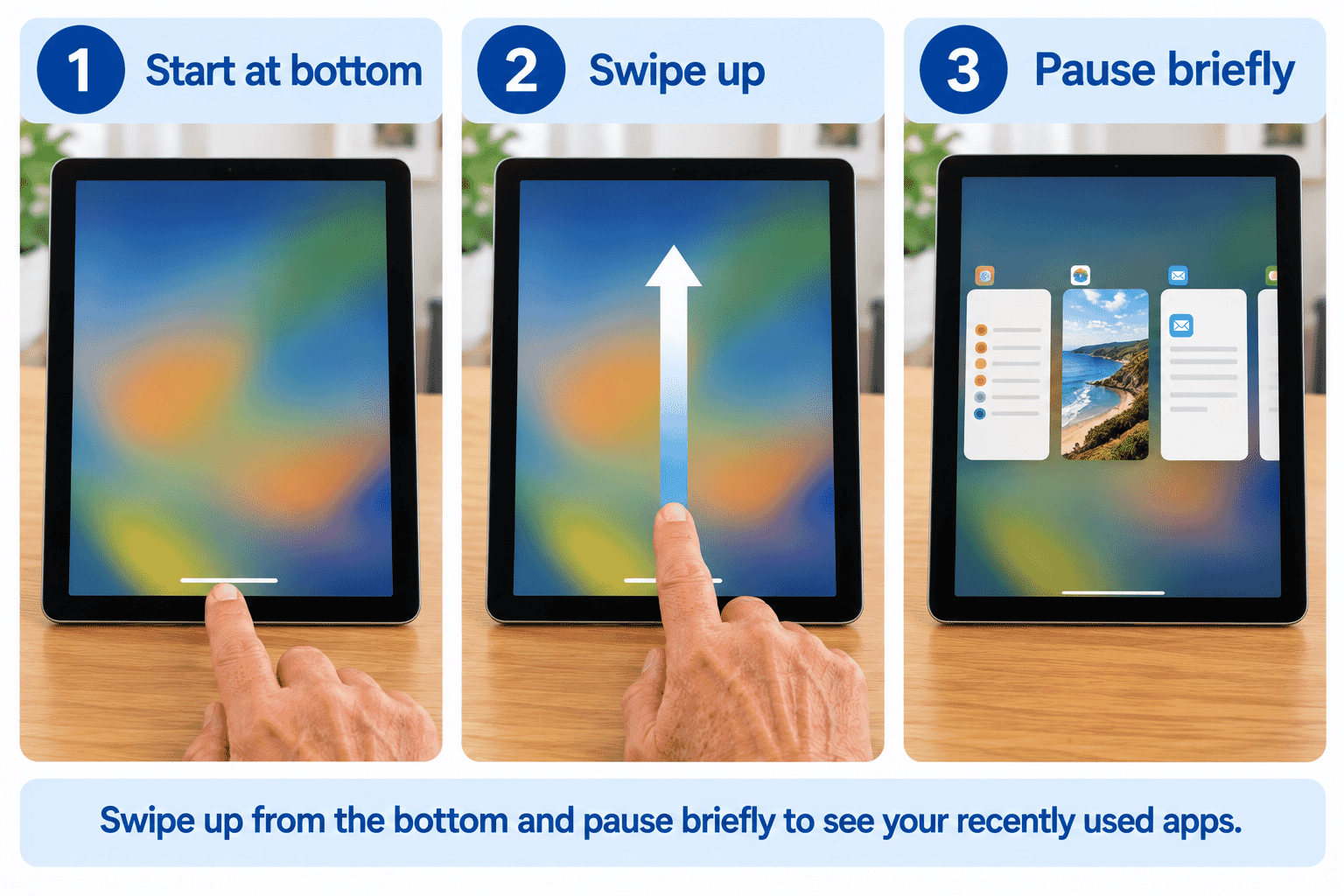 Diagram showing a swipe upward from the bottom edge followed by a brief pause to open the App Switcher.