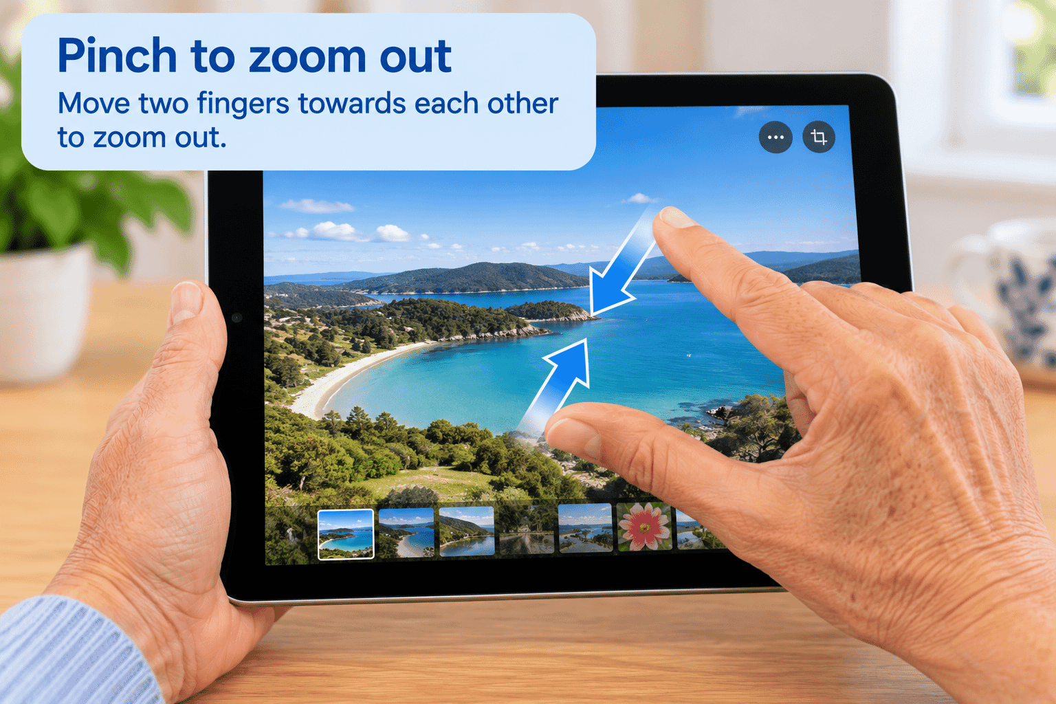 Diagram showing two fingers moving towards each other to zoom out.
