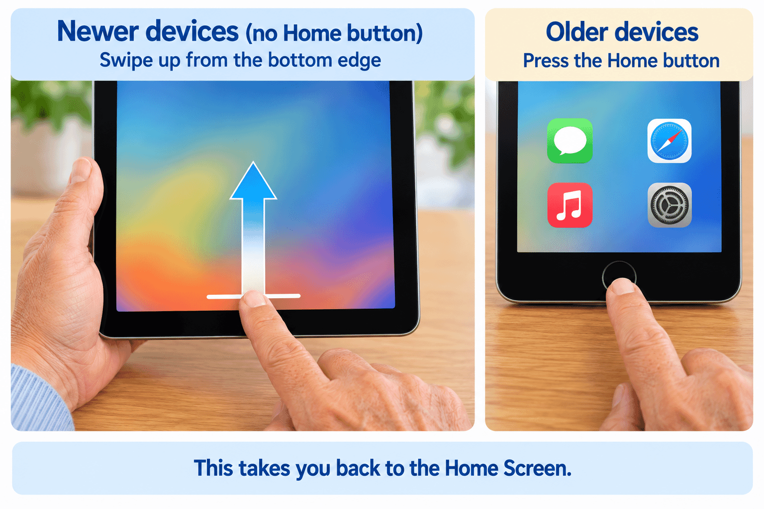 Diagram showing an upward swipe from the bottom edge to return to the Home Screen on a device without a Home button.