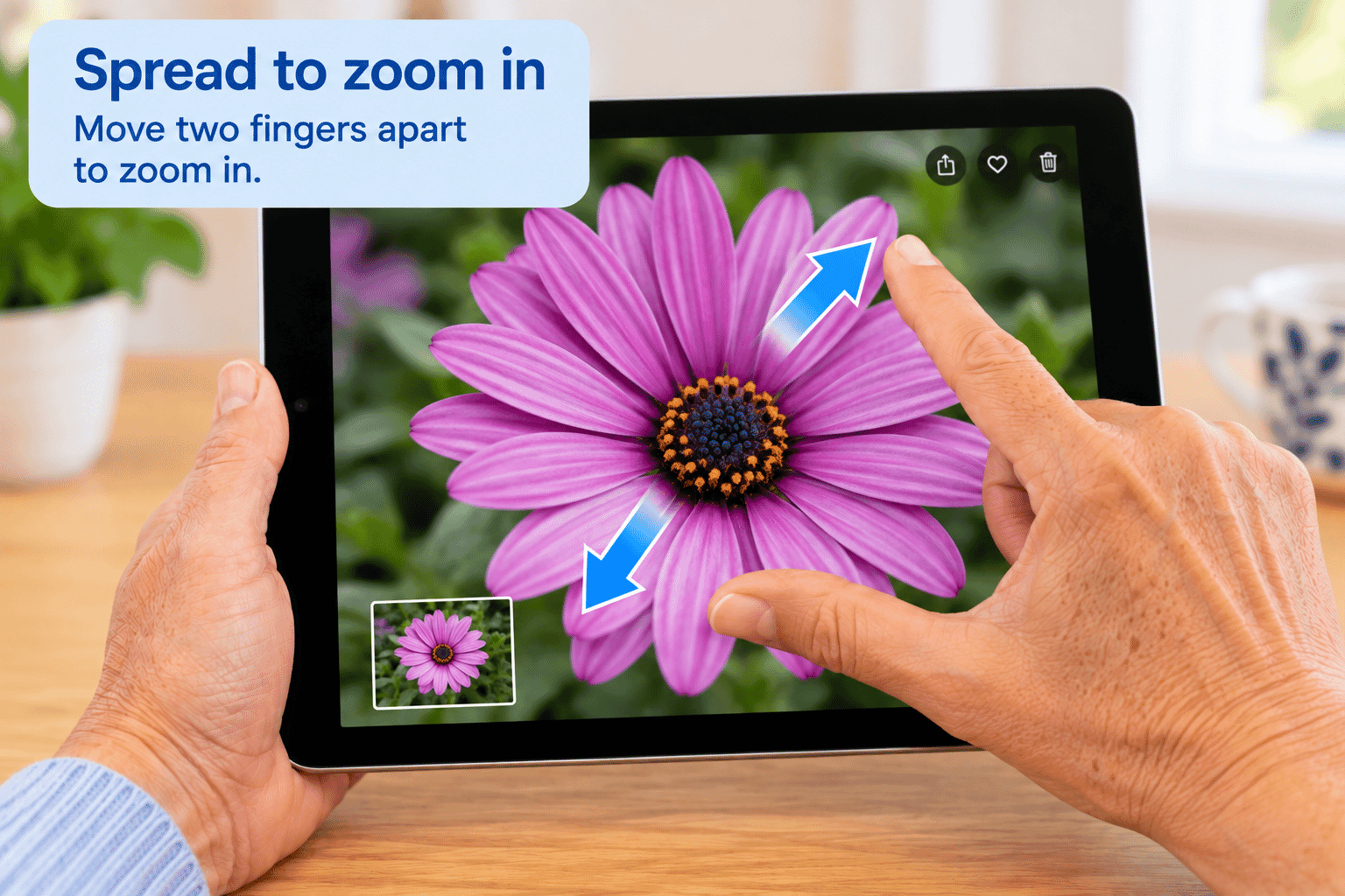 Diagram showing two fingers moving apart to zoom in.