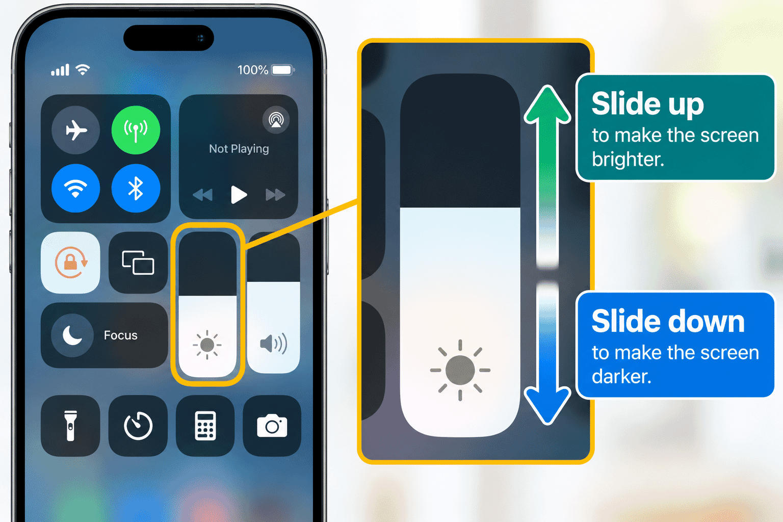 Brightness slider in Control Centre with an arrow showing upward and downward adjustment.