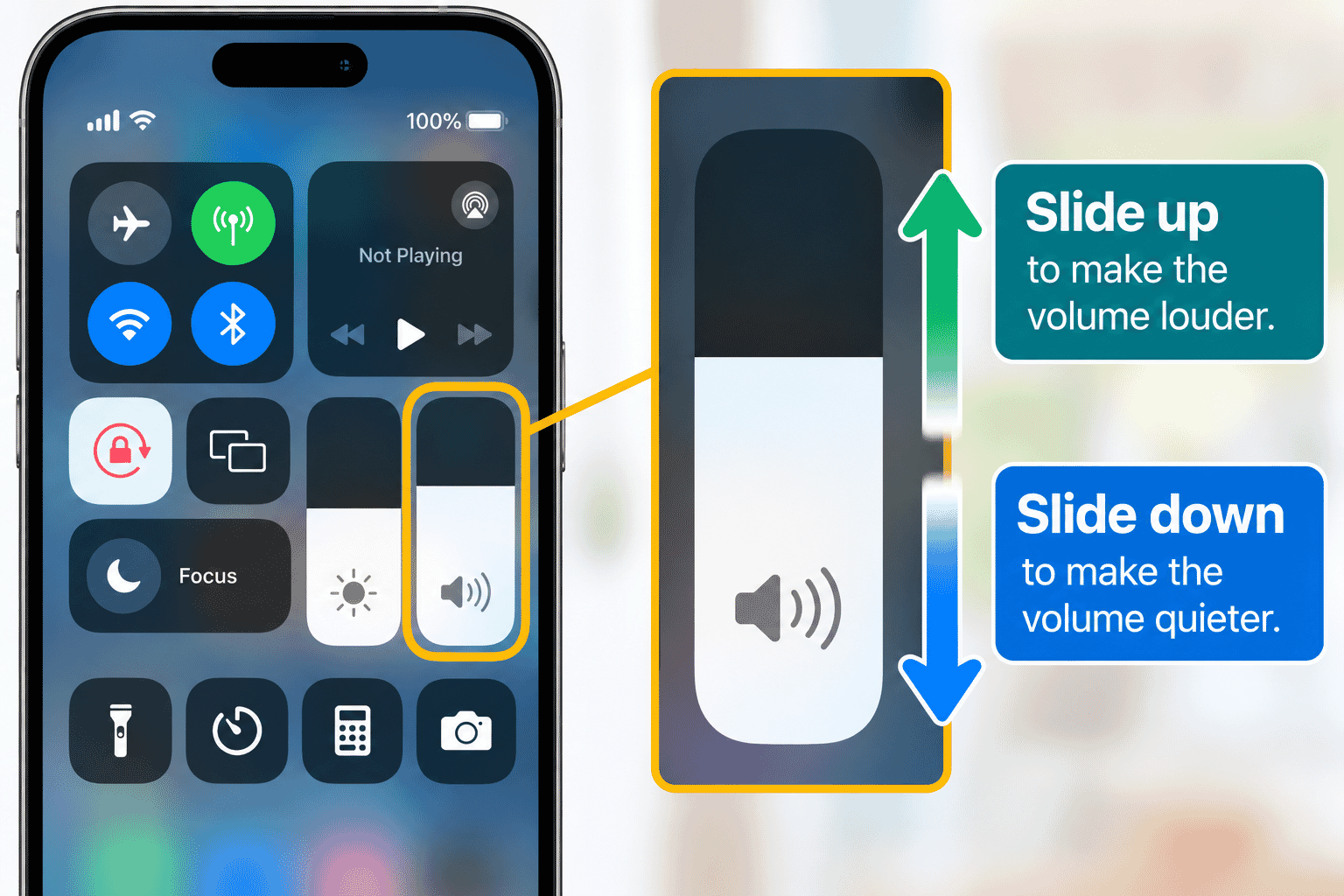 Volume slider in Control Centre with an arrow showing upward and downward adjustment.