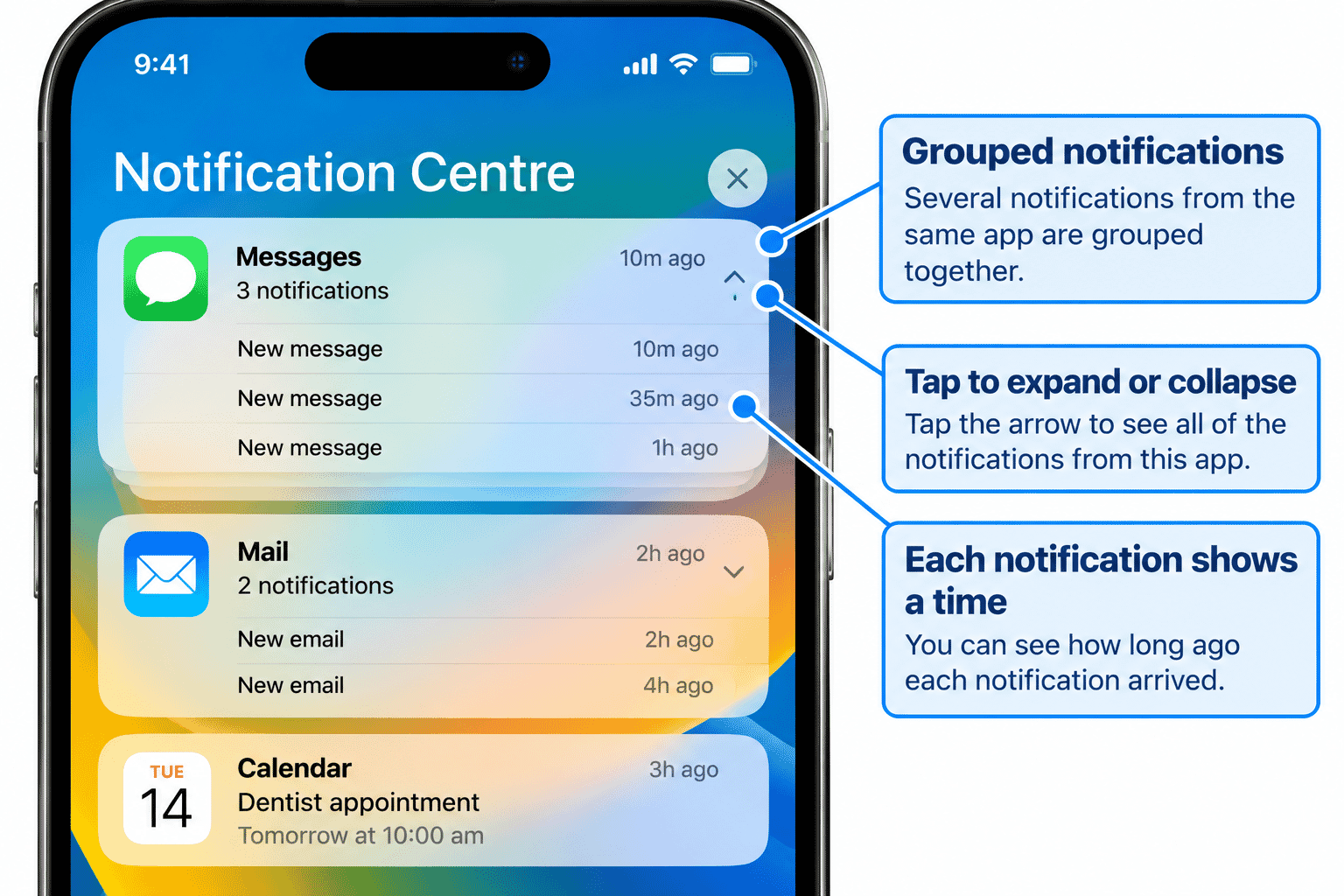Several safe notifications from one app grouped together.