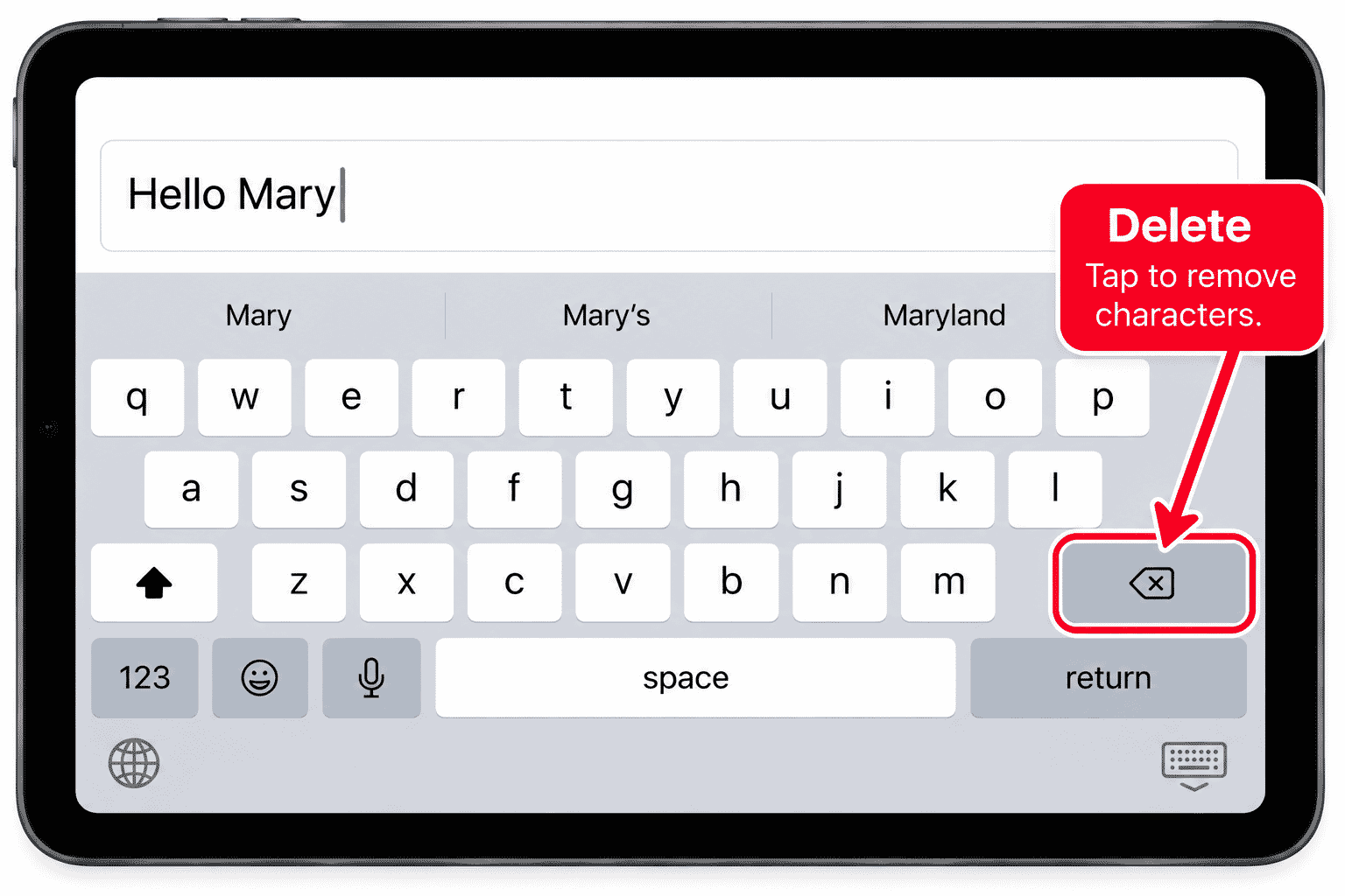 Delete key identified on an iPhone or iPad on-screen keyboard.