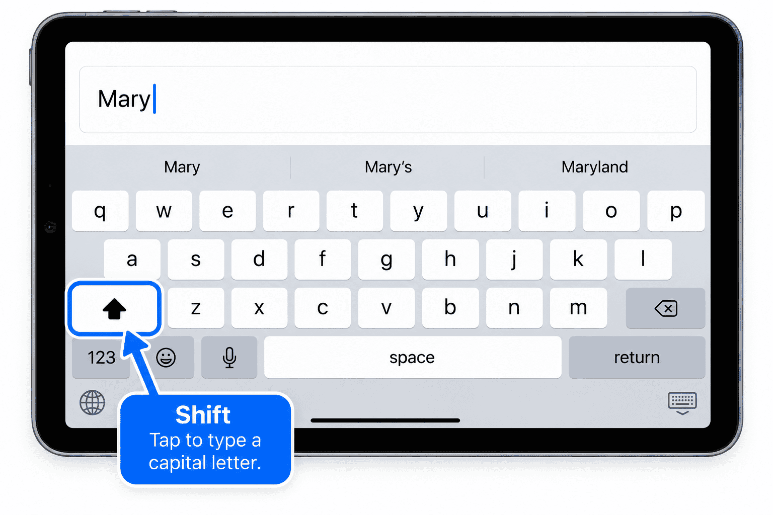 Shift key identified on an iPhone or iPad keyboard.