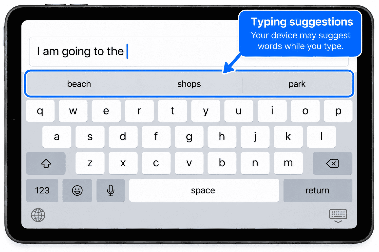 Example of word suggestions appearing while text is being typed.
