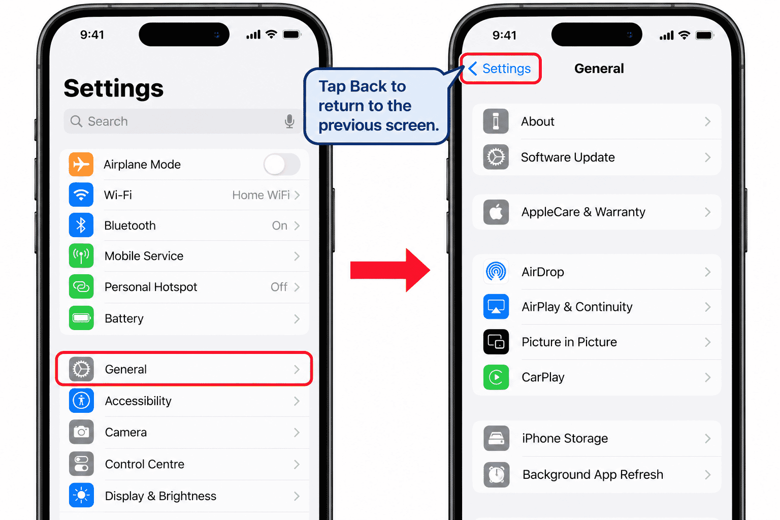 Settings screen with the Back control identified near the top.