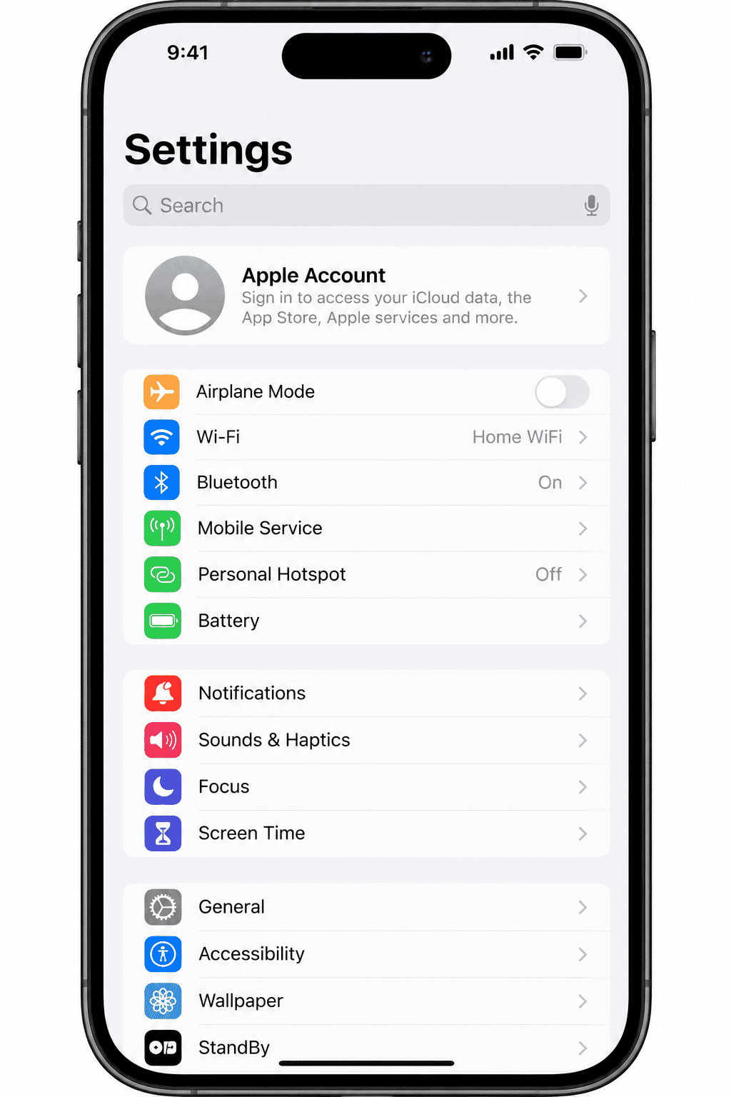 Current main Settings screen on an iPhone or iPad.