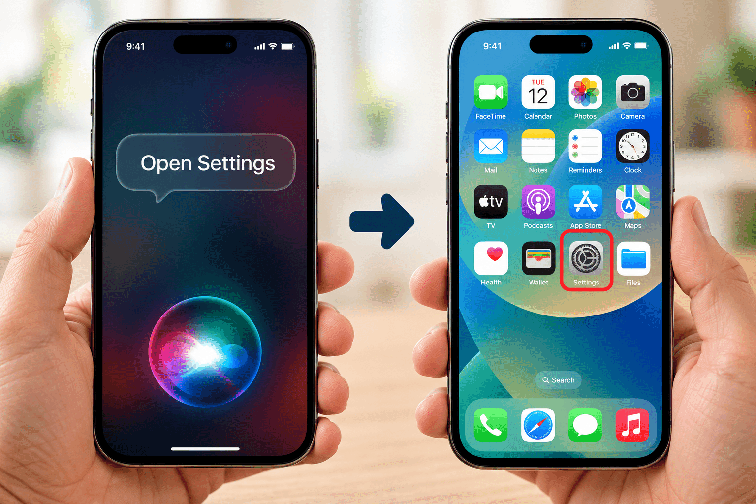 Safe demonstration of Siri responding to a request to open the Settings app.