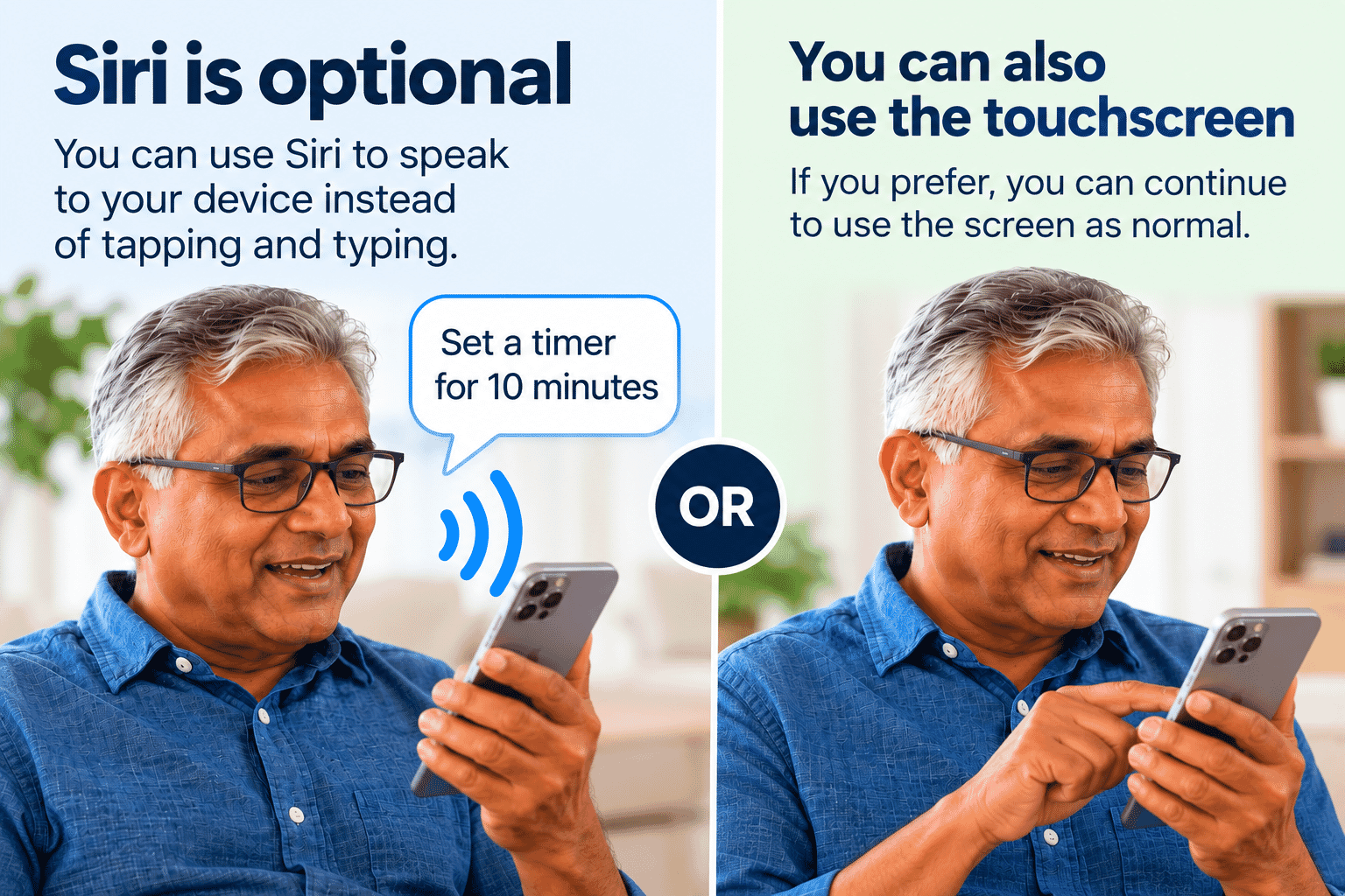 Simple process showing a misunderstood voice request followed by a shorter rephrased request.