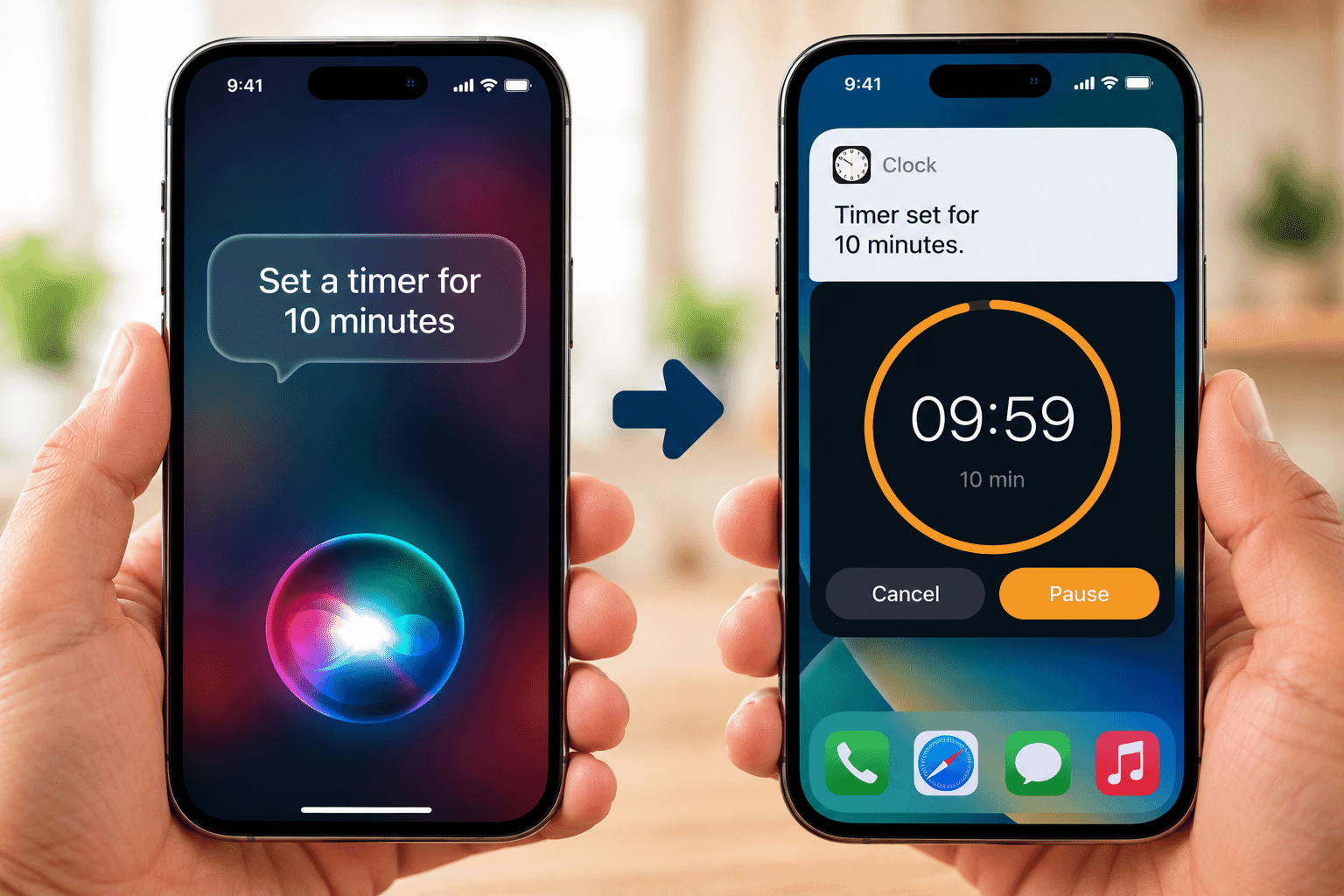 Safe demonstration of Siri setting a ten-minute timer.