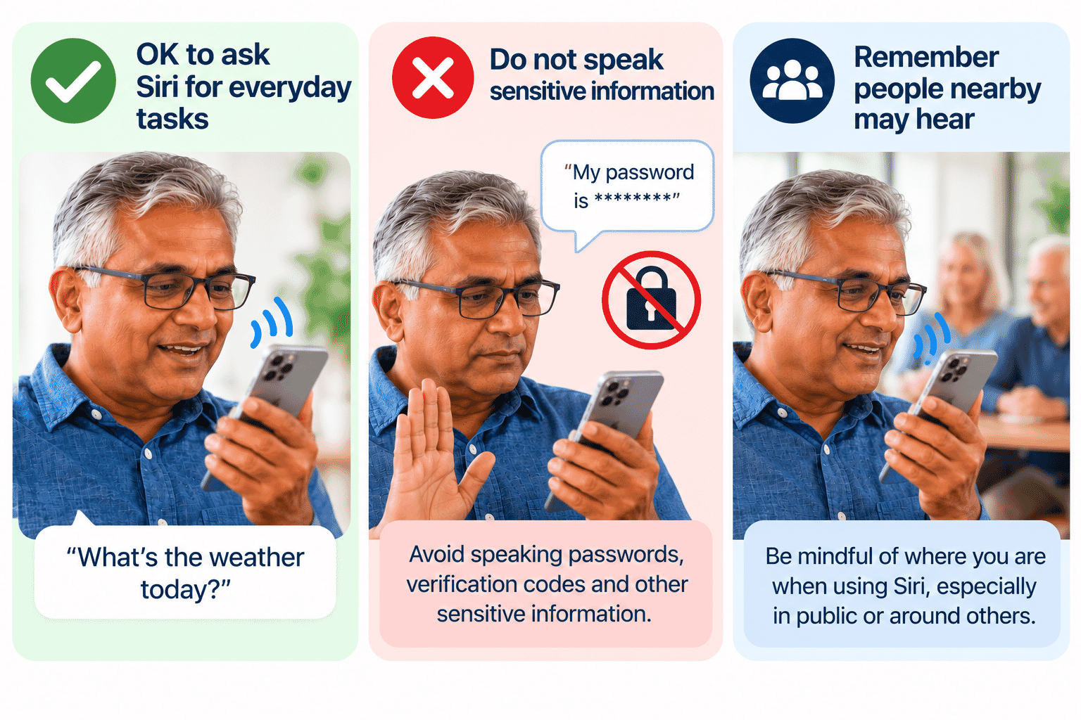 Privacy reminder showing a person choosing not to speak a password or verification code aloud.