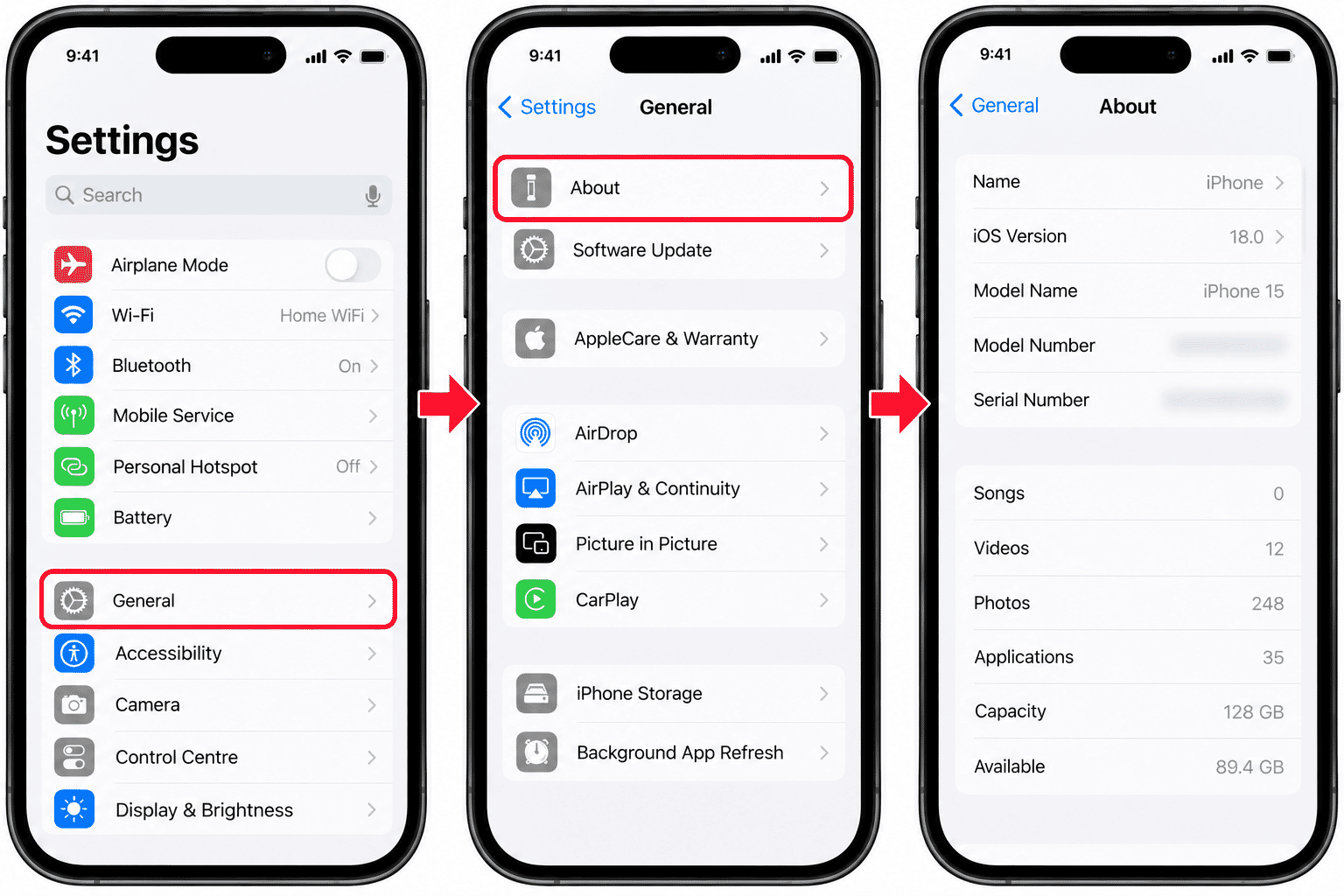 General and About area in Settings with identifying device information removed.General and About area in Settings with identifying device information removed.