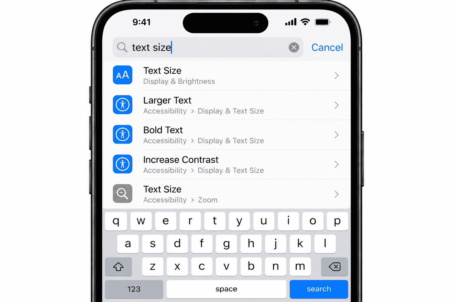 Search field in Settings with a simple search for text size.